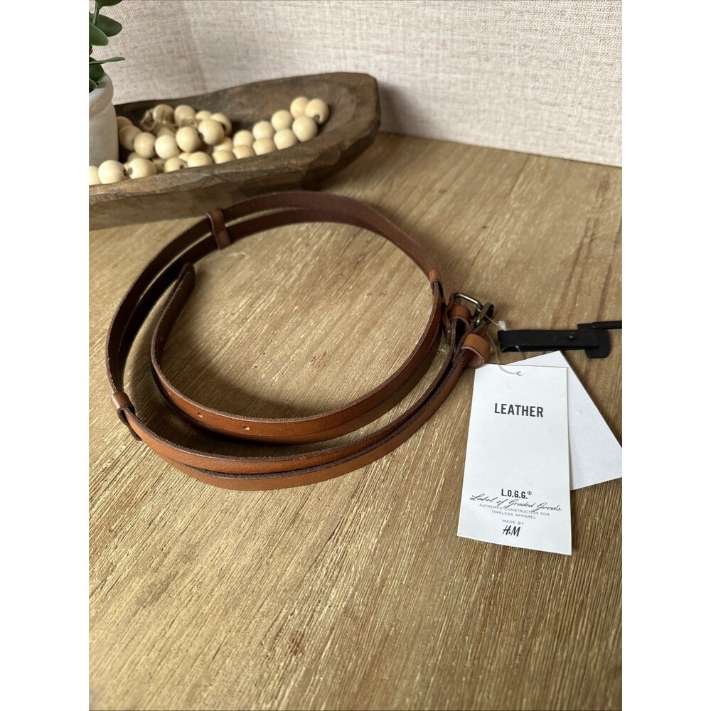 NWT H&M L.O.G.G. Genuine Leather Slim Double Strap Belt – Cognac Tan Brown Small